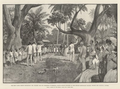 Emin Pasha nødhjælpsekspeditionen, hr. Stanley og hans kammerater i Mombasa, indfødte skolebørn på kirkens missionsstation, synger nationalsangen af Amedee Forestier